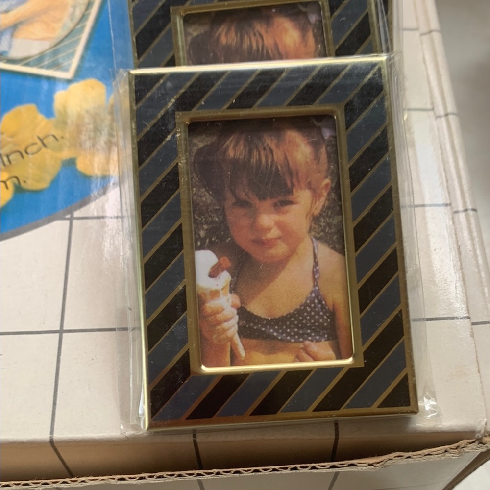 Mini Photo Frames Retro Elegant Black, Gold and Grey Blue Striped set/10
